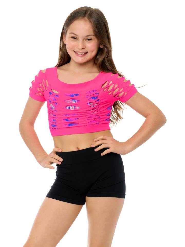 Malibu Sugar - Vendita all'ingrosso Canotta - Bambini - Top corto a rete Malibu per ragazze danza (8-14) Taglia unica12