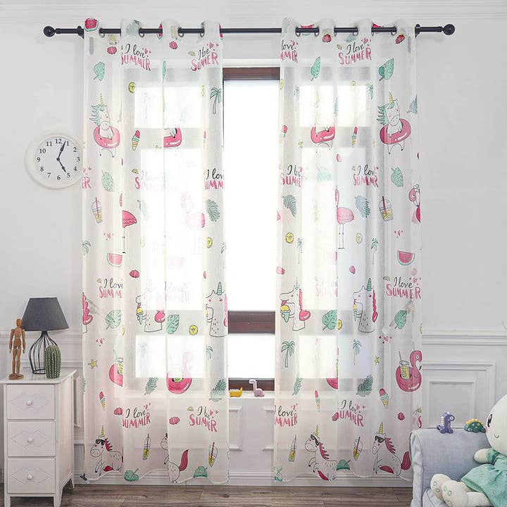 CORTINA TRANSLÚCIDA COM ESTAMPA DE DESENHOS ANIMADOS-UNICÓRNIO BRANCO 140*260cm por atacado de BOD HOME