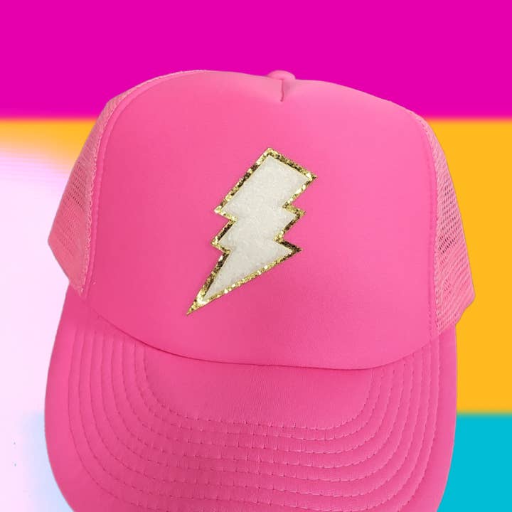 White Lightning chenille patch trucker Hat glitter for wholesale by The Candy Collections