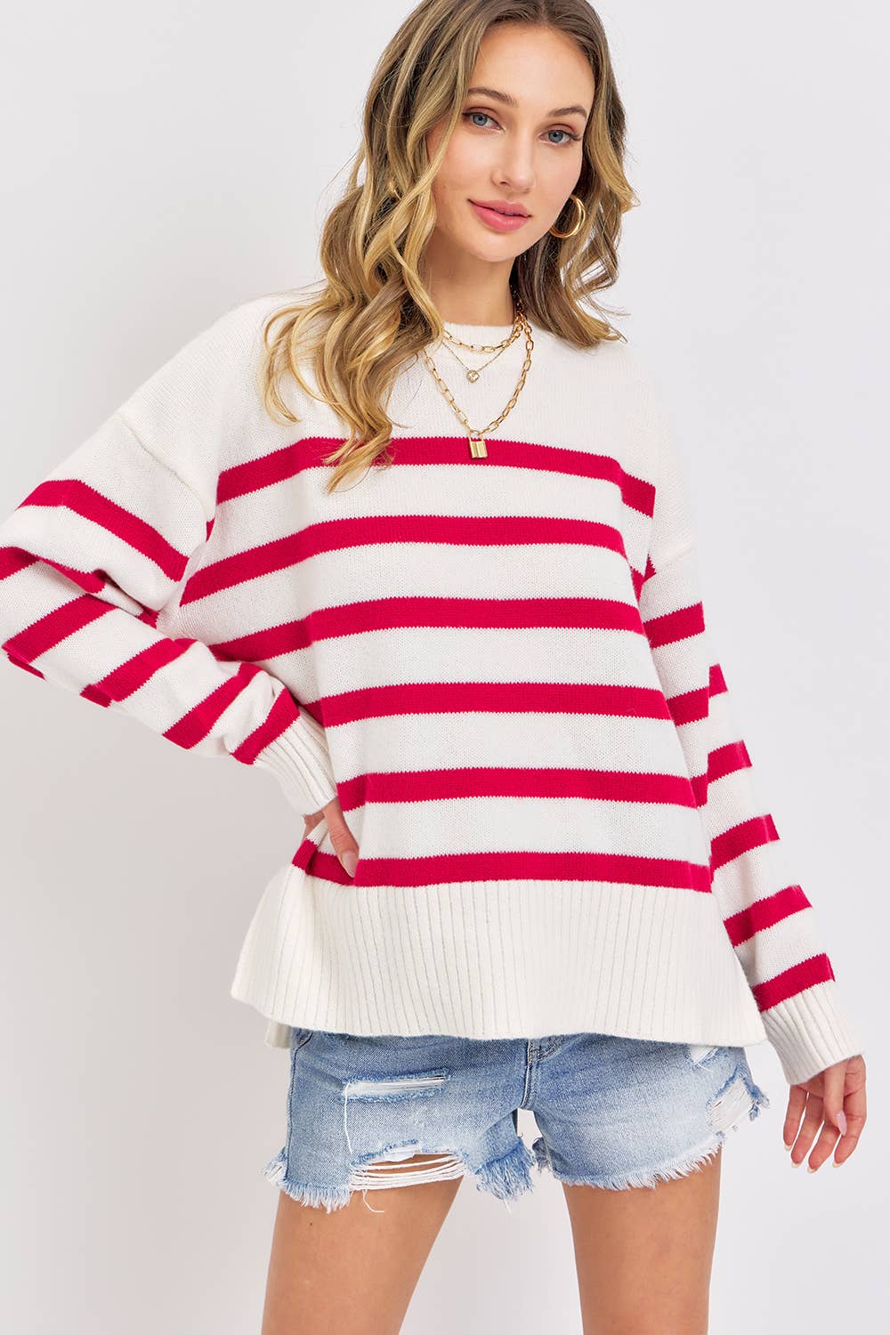 Sweet Lovely by Jen – wholesale Tunic sweater – Women’s – STRIPED PULLOVER OVERSIZE  SWEATER39