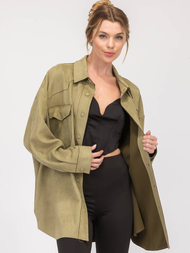 VIJ2253 ÖVERDIMENSIONERAD FAUX MOCKA KNAPP UPP SKJORTA för wholesale av The vintage shop