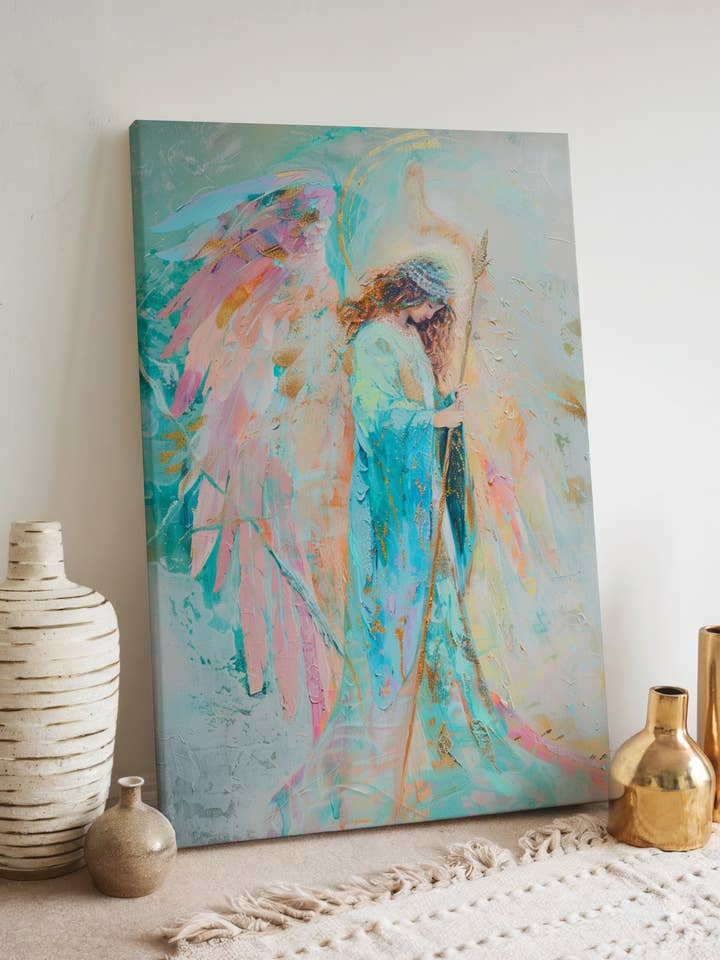 Ängelduk i turkos & guld – Andlig väggkonst för wholesale av Seelenzauberstudio