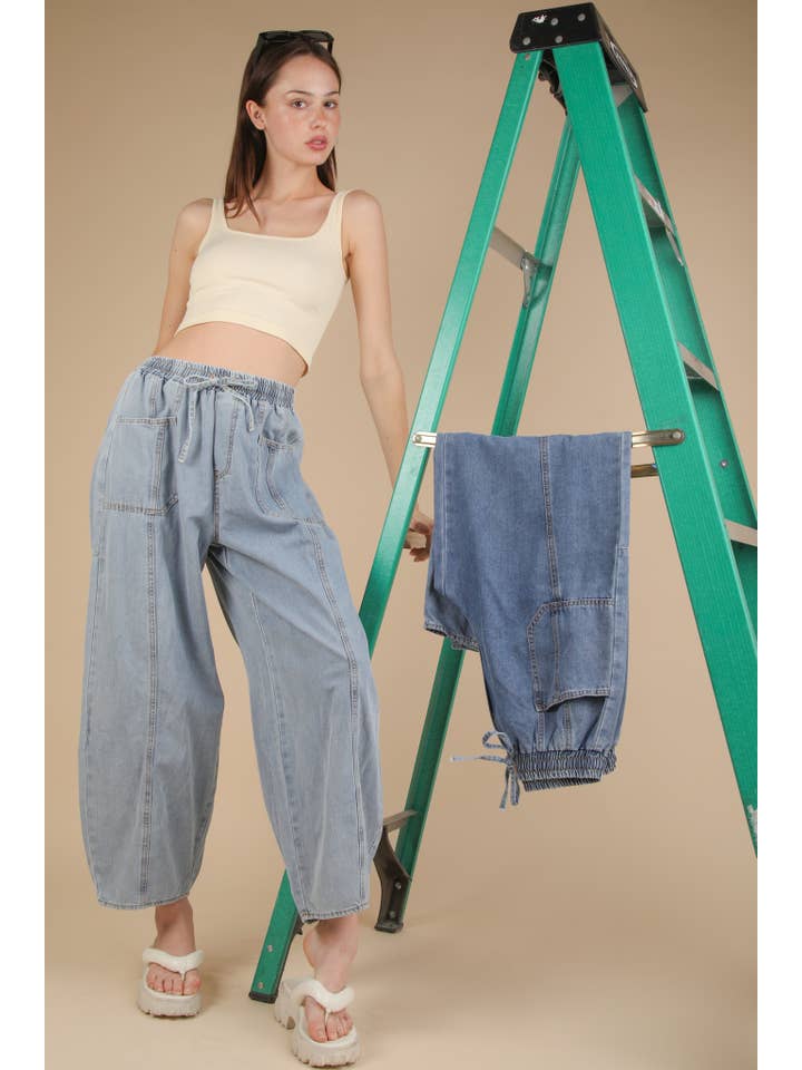 NP70739-Washed Chambray Barrel Denim Pants for wholesale on Faire