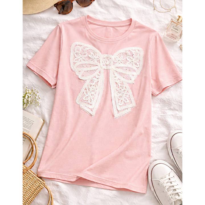 EMBELLISHED BOW RELAXED TEE for wholesale by Winslow Collection