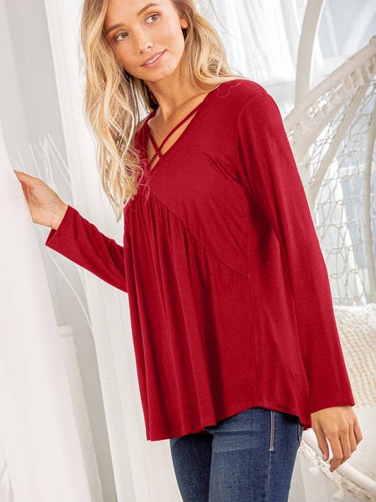 HEIMISH - Wholesale Blouse - Women's - ST1839S CRISSCROSS NECK SOLID BABYDOLL TOP