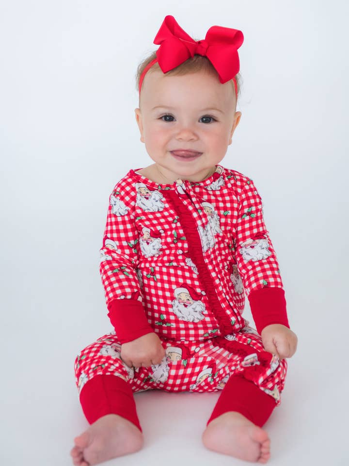 SoftSnooze™ Baby Girls Bamboo Viscose Red Dear Santa Convertible Ruffle One Piece Footie Pajama
 for wholesale on Faire0