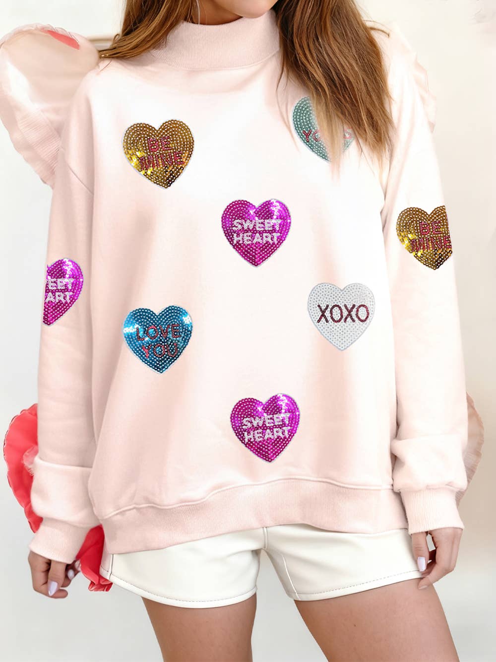 1 the Woman - Vente Sweat-shirt – femme - Sweat-shirt à col montant avec patch cœur en chenille pour la Saint-Valentin3