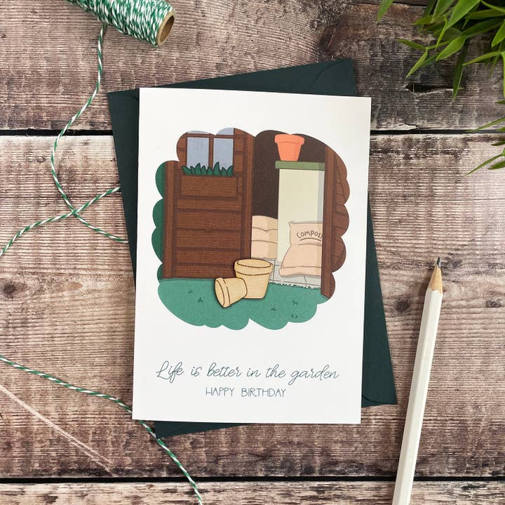 Födelsedagskort med träillustration av växthus för wholesale av Altered Chic
