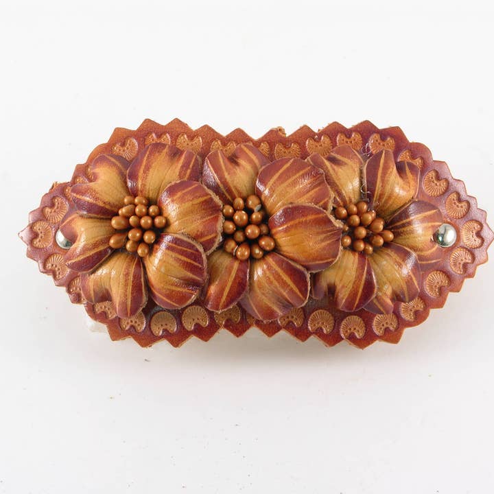 Handmade Leather Barrette floral 3D design -G519 for wholesale by Sunflower Handmade leather inc