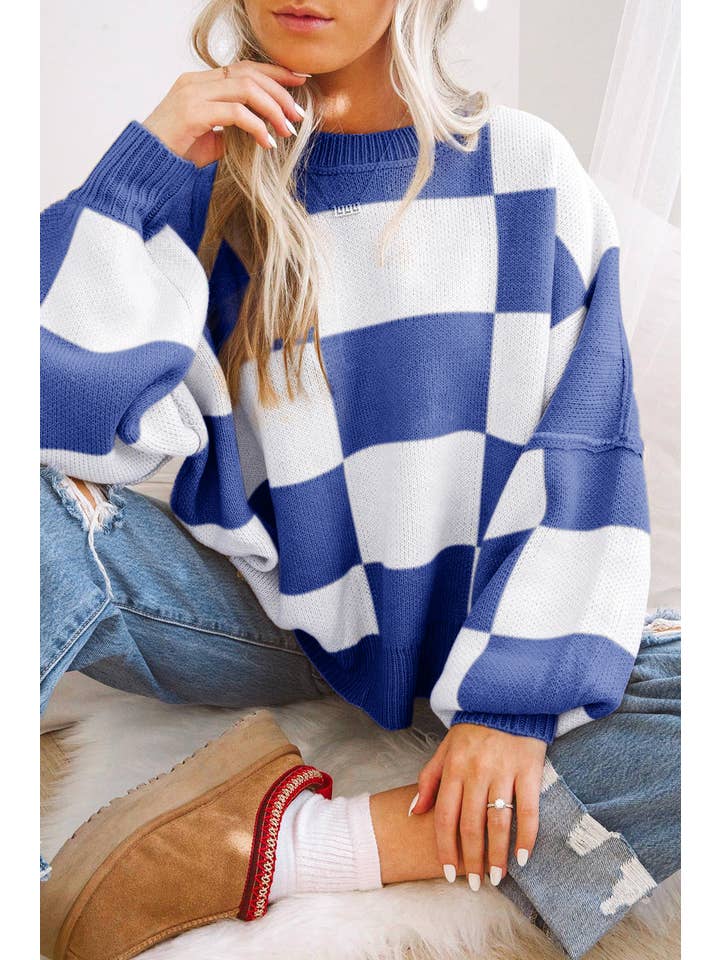 66DISCO - Vente Pull en maille – femme - Pull à manches évêque à carreaux (S-XL)4