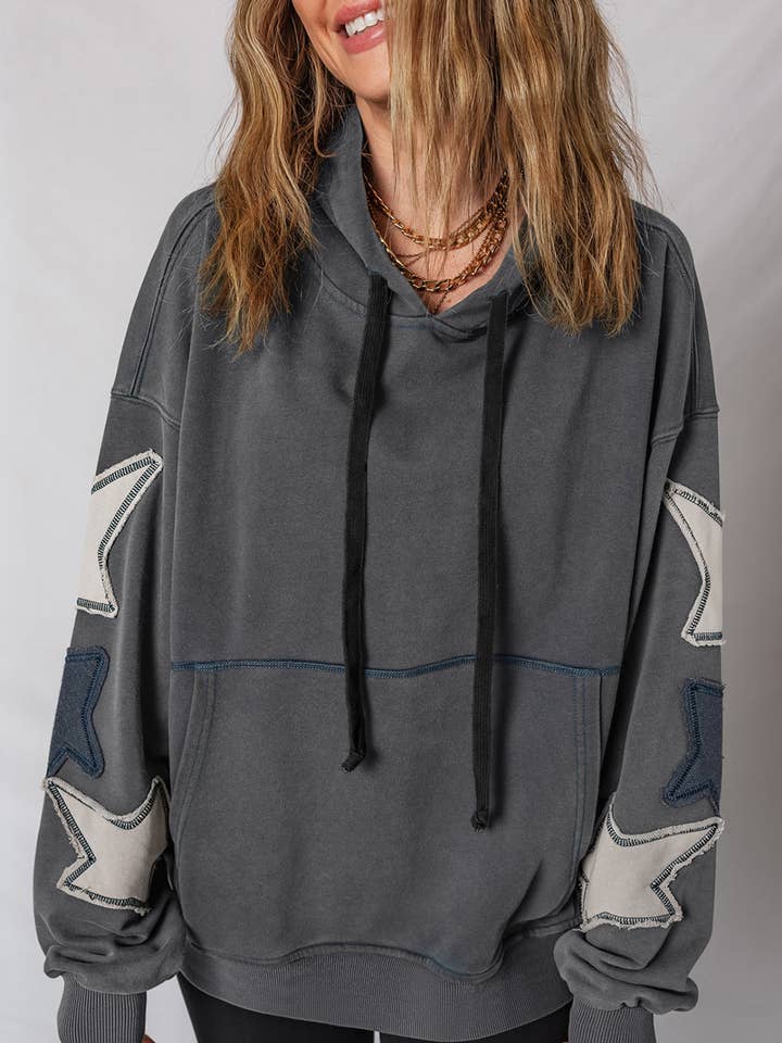 Koldgrå stjärnlappverk med kontrastsömmar mineraltvätt känguruficka vintage hoodie för wholesale av Lovesoft