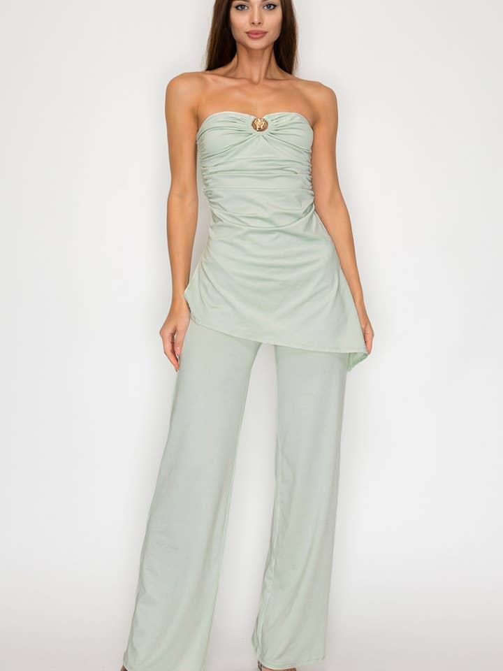 Conjunto BT6384-SET_Top sem alças & Calças de perna larga por atacado de Her Bottari