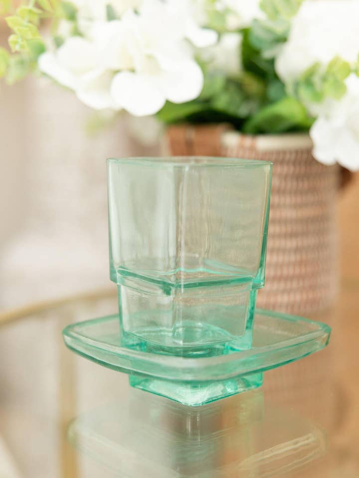 Teal Glass Bathroom Tray and Cup for wholesale by Mercy House Global