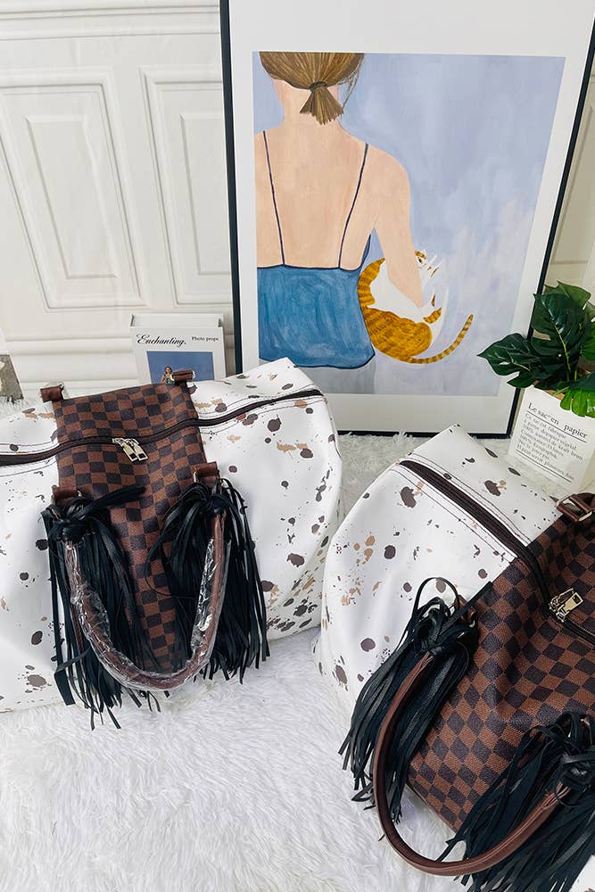 UNISHE - Venta al por mayor Bolsa de viaje - Mujer - Bolso de fin de semana retro occidental con estampado de vaca y cuadros ACC7396