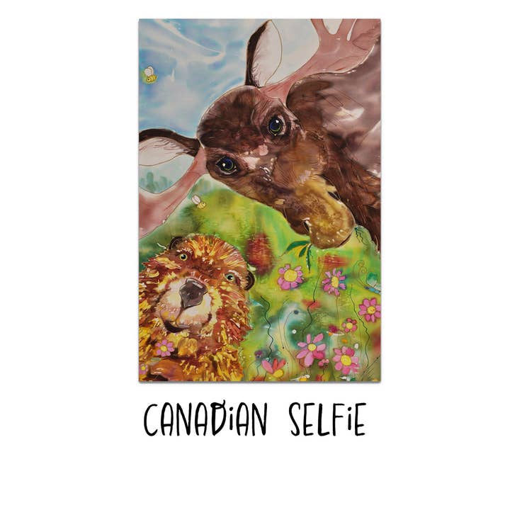 Carte postale canadienne Selfie, à partir de l'illustration originale (copie) pour la vente par Caroline Scagel Studio