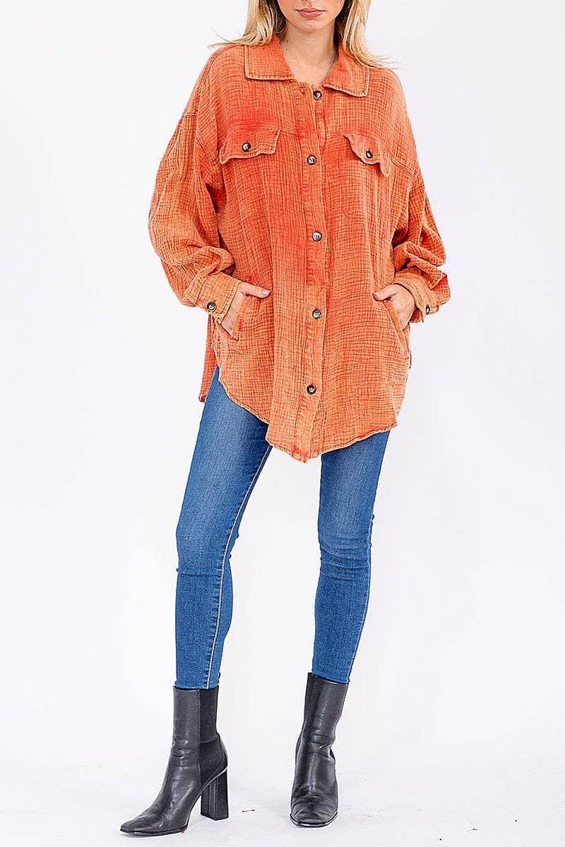 ROUSSEAU - Wholesale Button Down Shirt - Women's - BUTTON UP FRONT POCKETS WASHED OVERSIZED SHIRT1