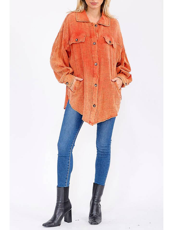 ROUSSEAU - Wholesale Button Down Shirt - Women's - BUTTON UP FRONT POCKETS WASHED OVERSIZED SHIRT1