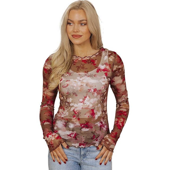 Rundhals T-Shirt aus transparentem Mesh mit Blumenmuster für den Großhandel von Plush Looks