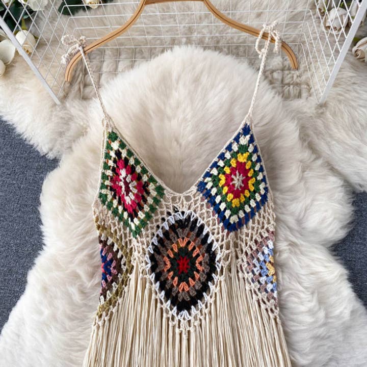 HIDDENBRAND - Wholesale Dress - Women's - Western cowgirl Boho Crochet lace long tassel strappy dress2