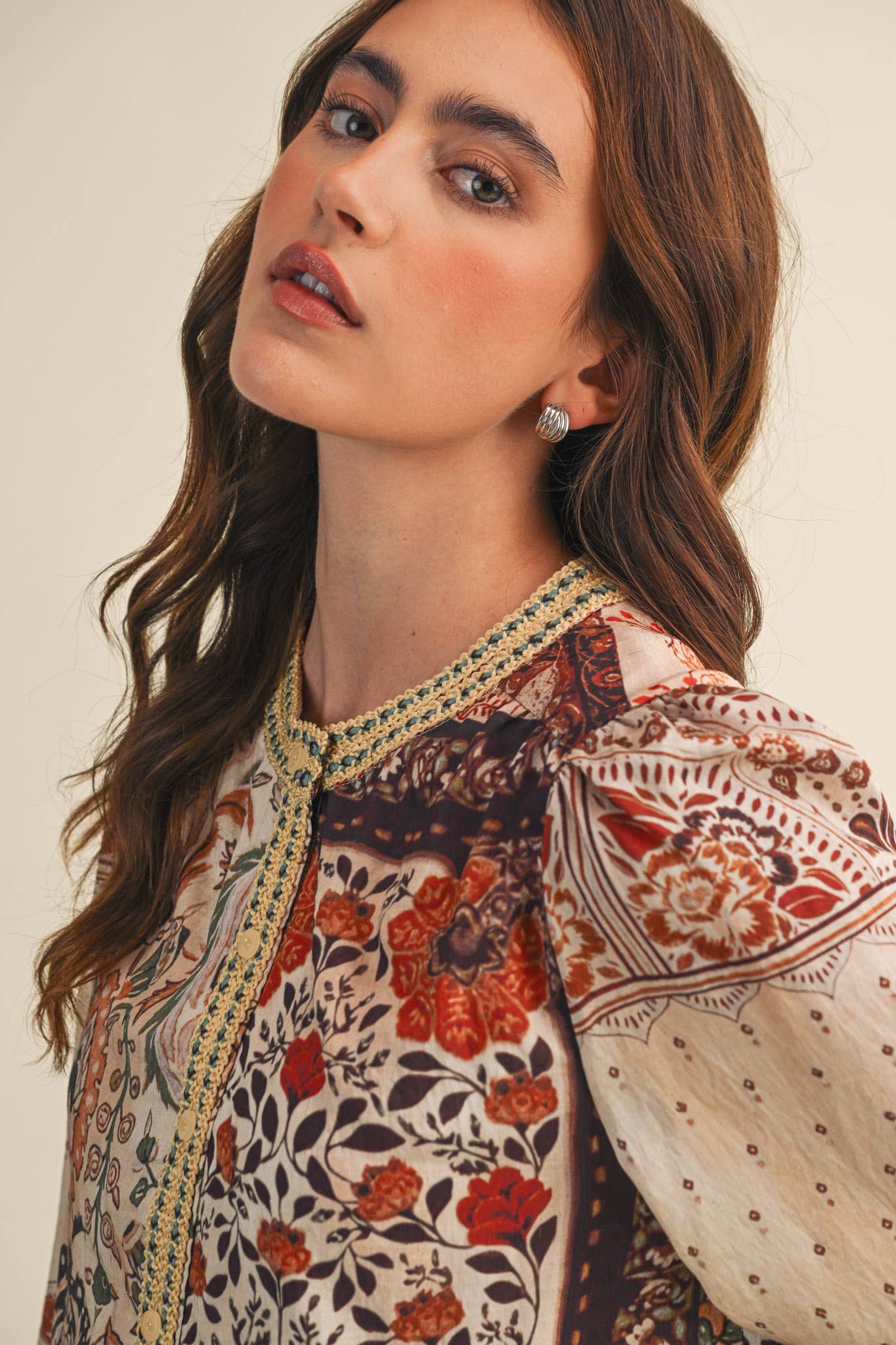 &MERCI - Wholesale Button Down Shirt - Women's - PATCHWORK PRINT CROCHET TRIM BUTTON DOWN TOP MTP43823