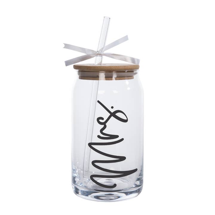 Totalee Gift - Wholesale Drinking Glass/Cup - Mrs Glass Cup w/ Lid and Straw