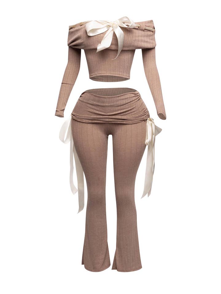 K Too - Wholesale Top & Pant Set (NOT Loungewear) - Women's - Off shoulder ribbon trim detailed top & pants set7