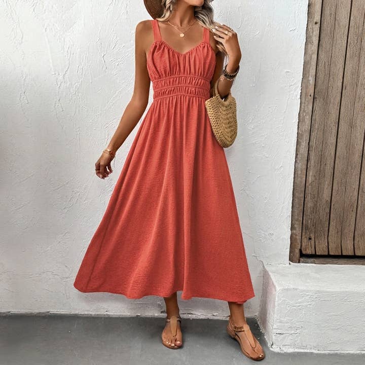 Red Texture Sleeveless Casual Pleated Maxi Dress for wholesale on Faire