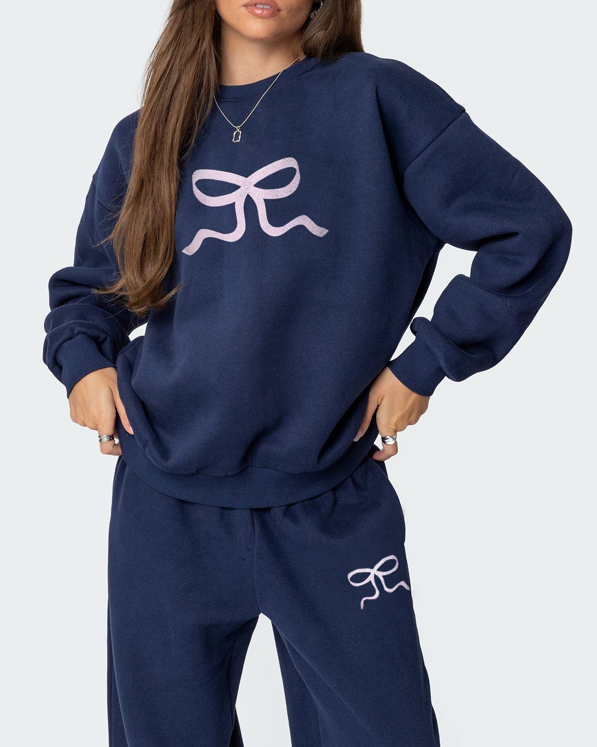 HIDDENBRAND - Wholesale Top & Pant Set (NOT Loungewear) - Women's - Bow Ribbon Print Sweatshirt Trousers Set1