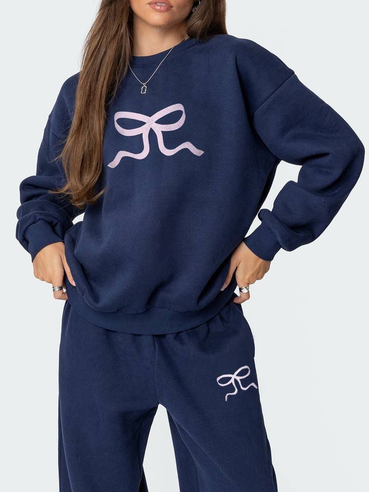 HIDDENBRAND - Wholesale Top & Pant Set (NOT Loungewear) - Women's - Bow Ribbon Print Sweatshirt Trousers Set1