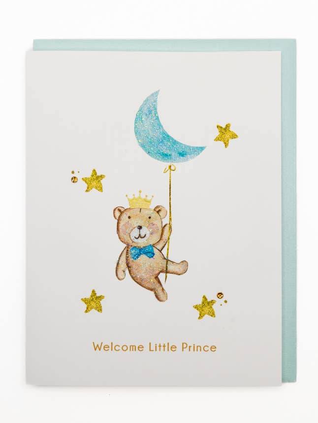 'Sweet Little Prince' Teddy Bear New Baby Greeting Card for wholesale by Lavender Vines