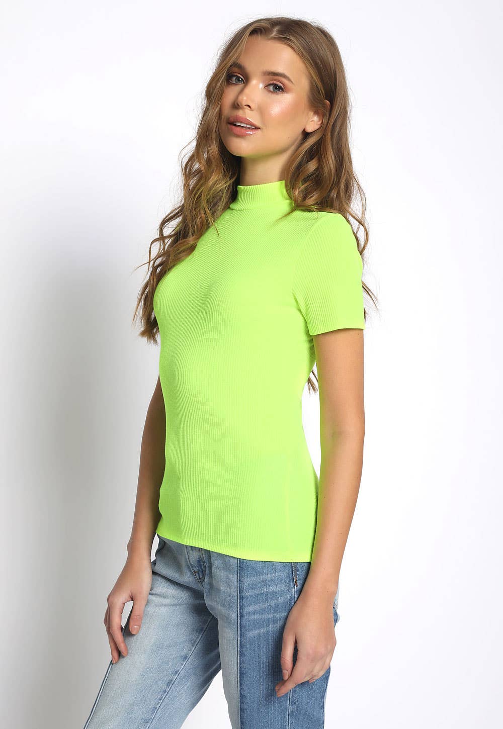 NEON LIME RIBBED MOCK NECK TOP - T6179-NLME for wholesale on Faire1