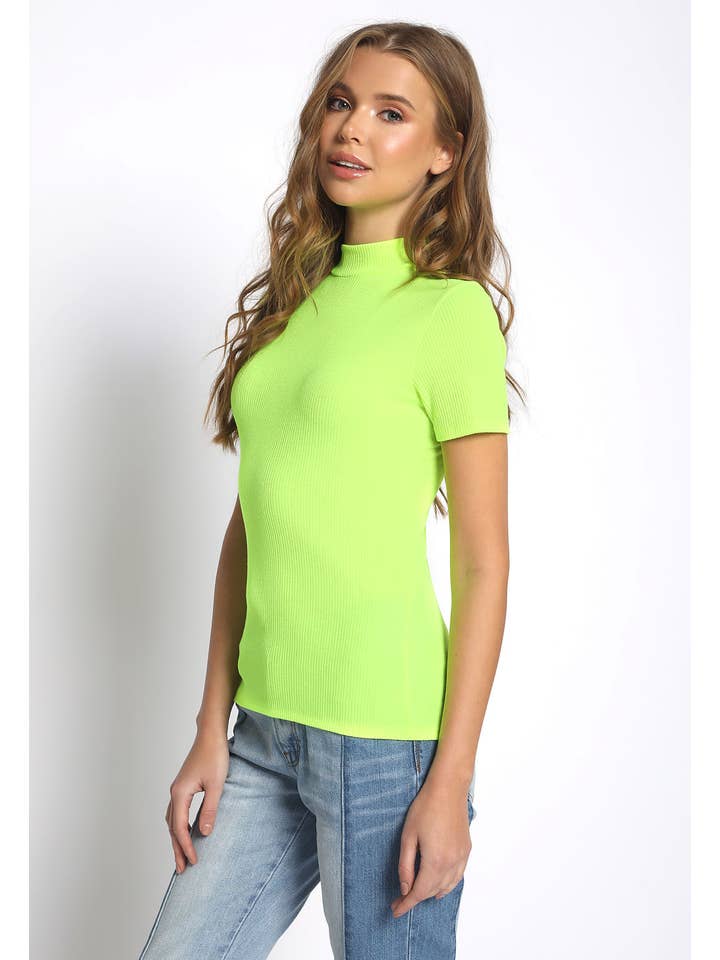 NEON LIME RIBBED MOCK NECK TOP - T6179-NLME for wholesale on Faire1