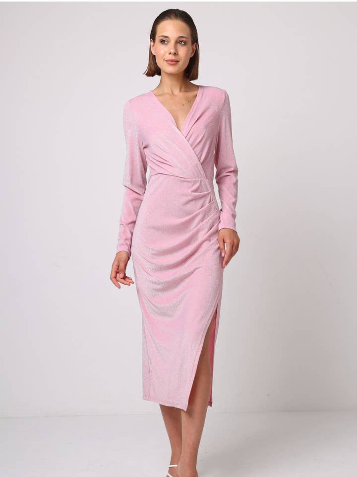 Metallic Long Sleeve Faux Wrap Midi Dress in Pink for wholesale by ANGELEYE