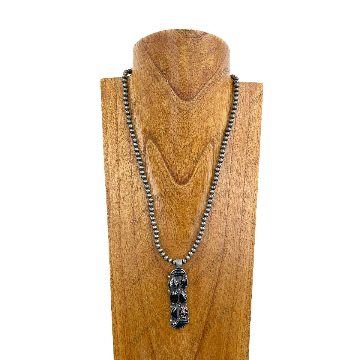 NKY250608-25            23'' zilveren Navajo-parelkralenketting met zwarte steen staafhanger voor wholesale door Western Elite Jewelry
