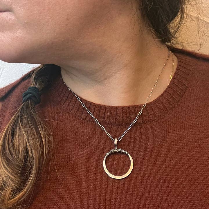 Harvest Moon Hammered Recycled Metal Pendent Necklace for wholesale by Jen Burrall Designs