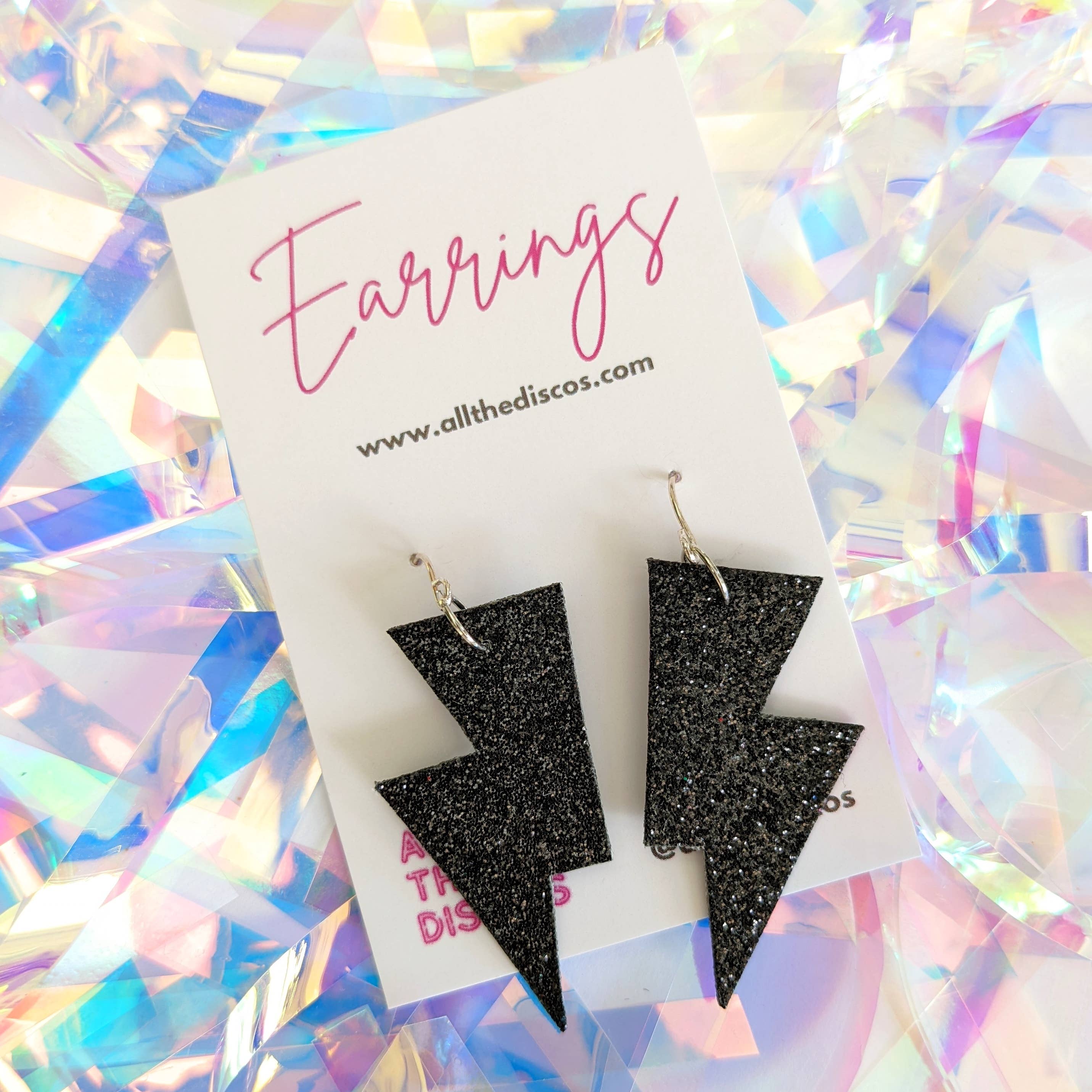 All The Discos - Vente Boucles d'oreilles pendantes - Petites boucles d'oreilles noires en forme d'éclair à fines paillettes1