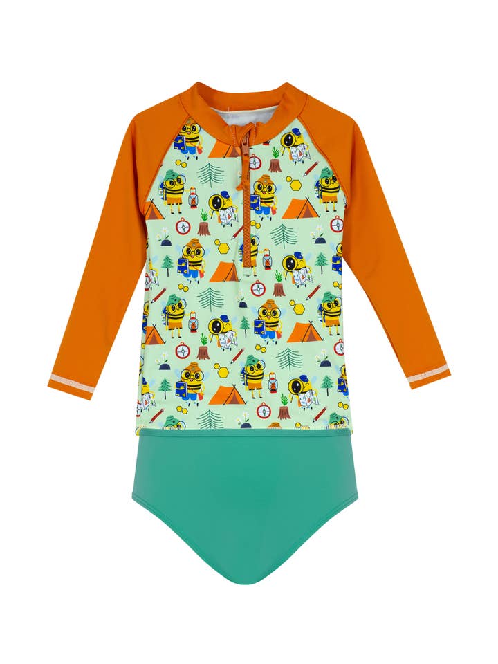 Bee Print UPF50+ Girls Swim Set (Rashguard + Bikini Bottom) for wholesale by Daring Littles