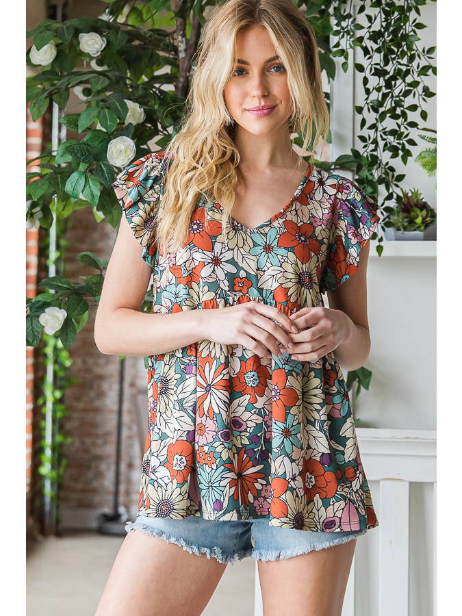 7th Ray - Vendita all'ingrosso Camicetta - Donna - Top a maniche svolazzanti con stampa floreale multicolore Baby Doll T516517