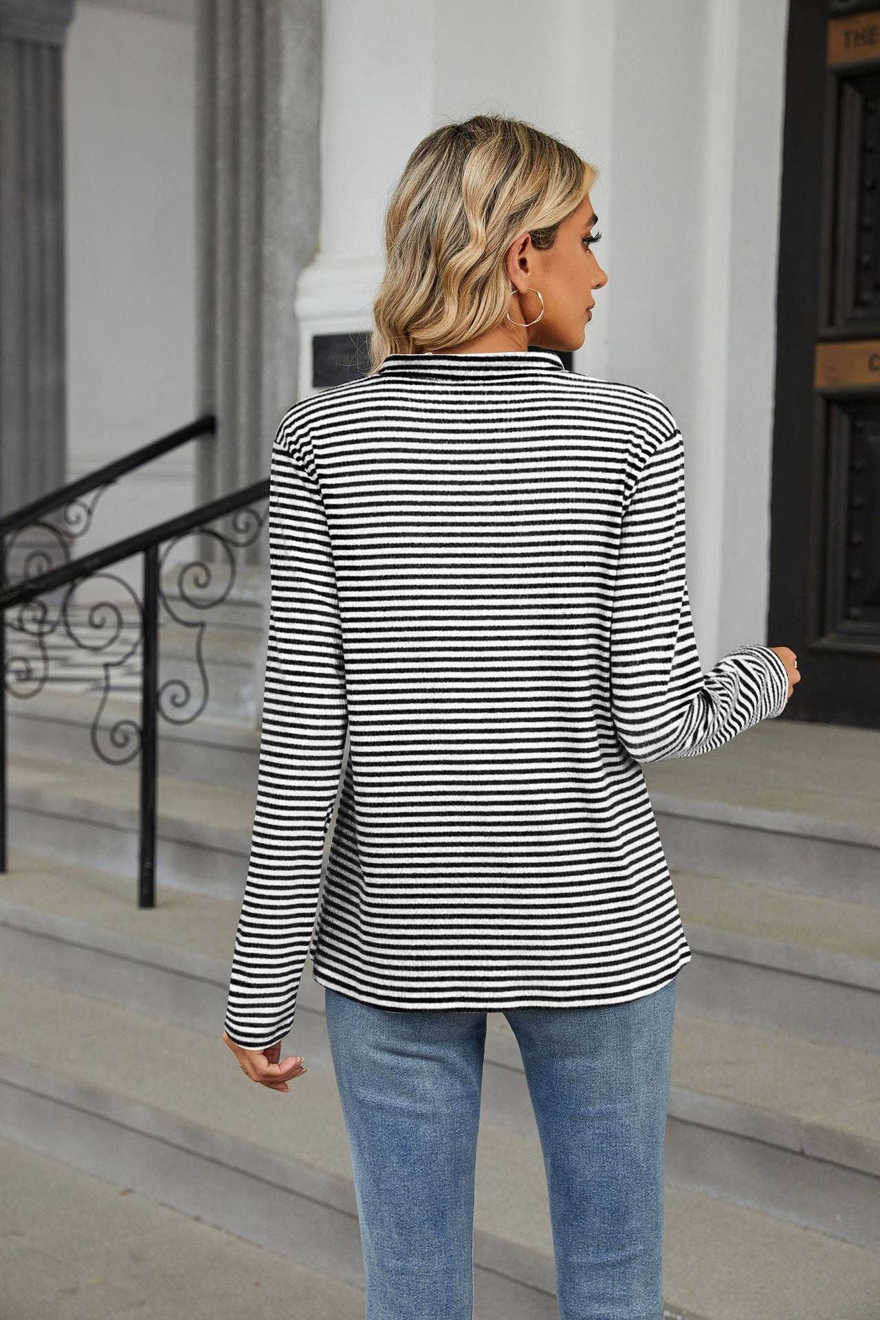 Lovesoft - Wholesale Knit Top - Women's - V-neck Button Striped Loose Long Sleeves11