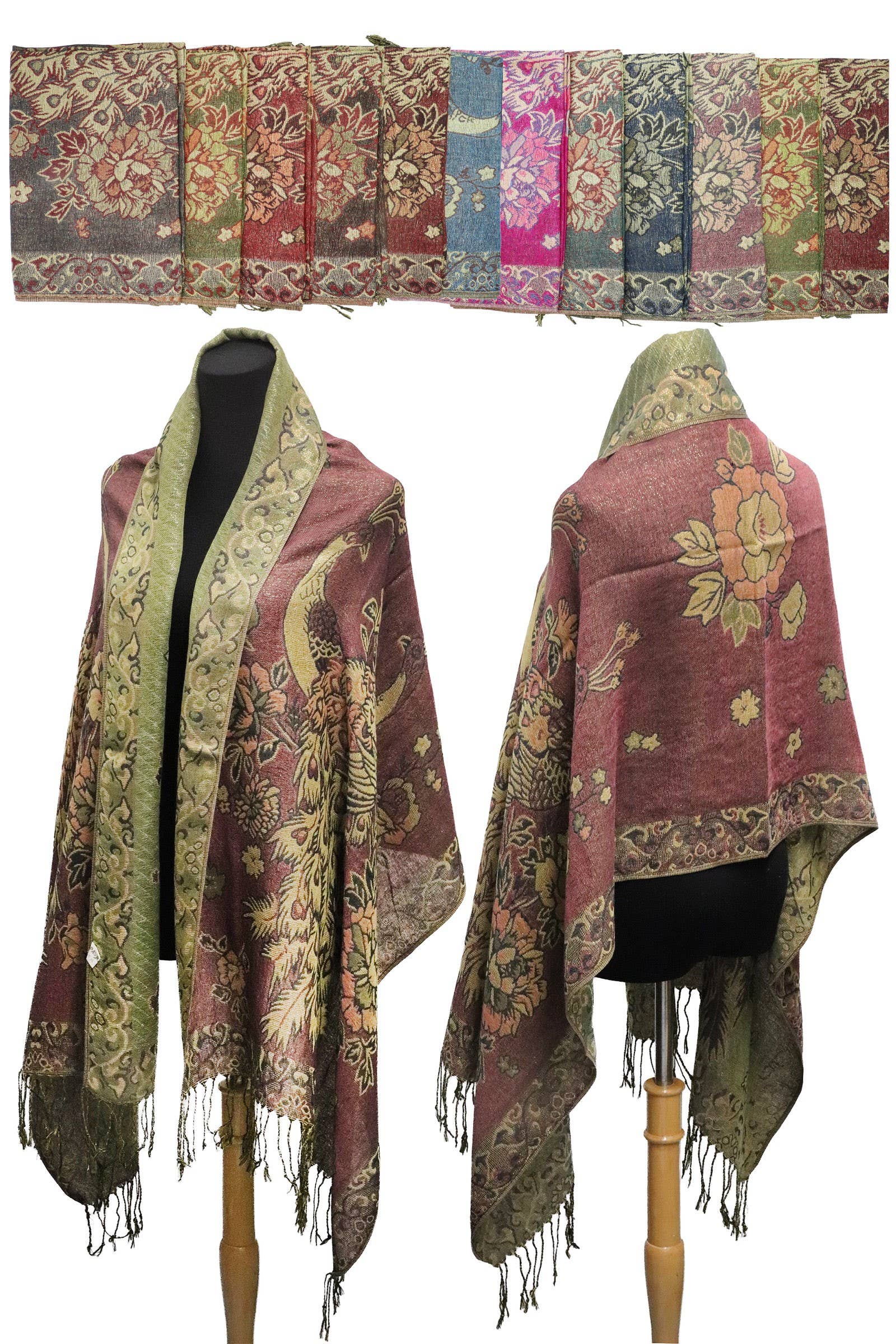 ASSORTED Peacock Peony Floral Metallic Pashmina Shawl Scarf for wholesale on Faire16