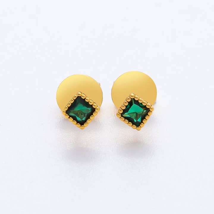 18K Gold Filled 5mm Emerald Green CZ Rhombus Bubbly Framed Studs Earrings | AD1571 for wholesale by Aim Eternal