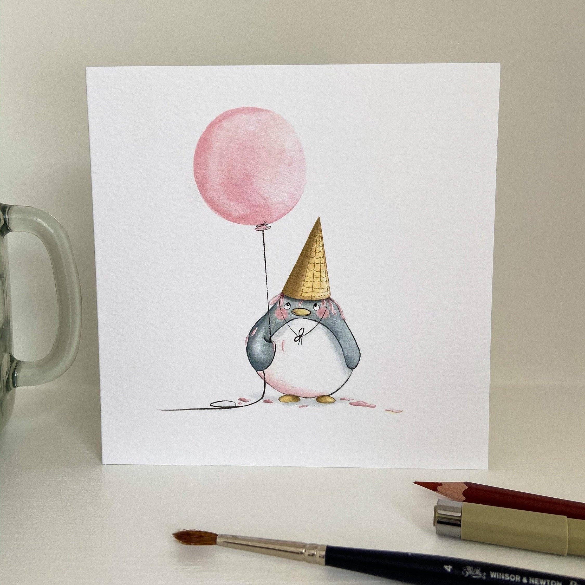 PrettyLittleScribbles - Wholesale Everyday Greeting Card - Penguin & Pink Balloon Card1