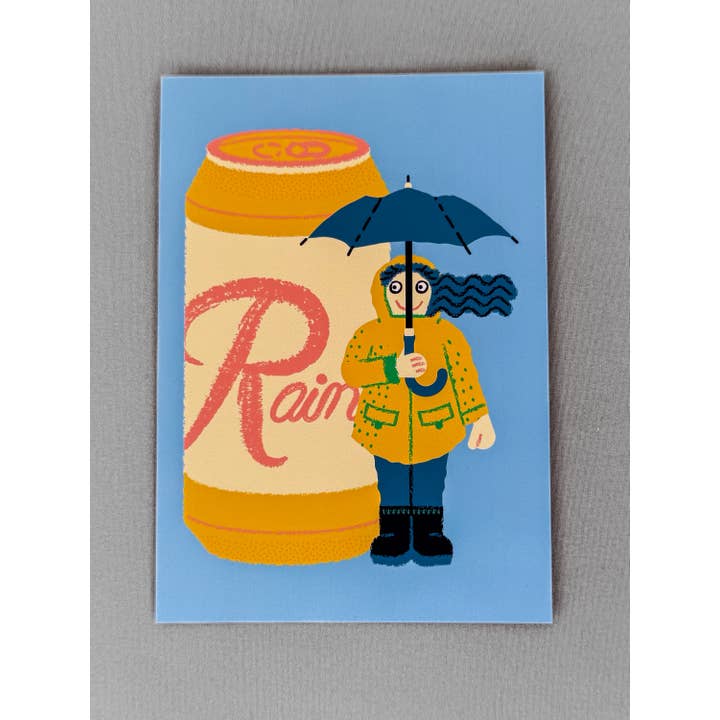 Wug Prints - Wholesale Postcard - Rainy Day Rainier Beer and Girl with Umbrella Postcard