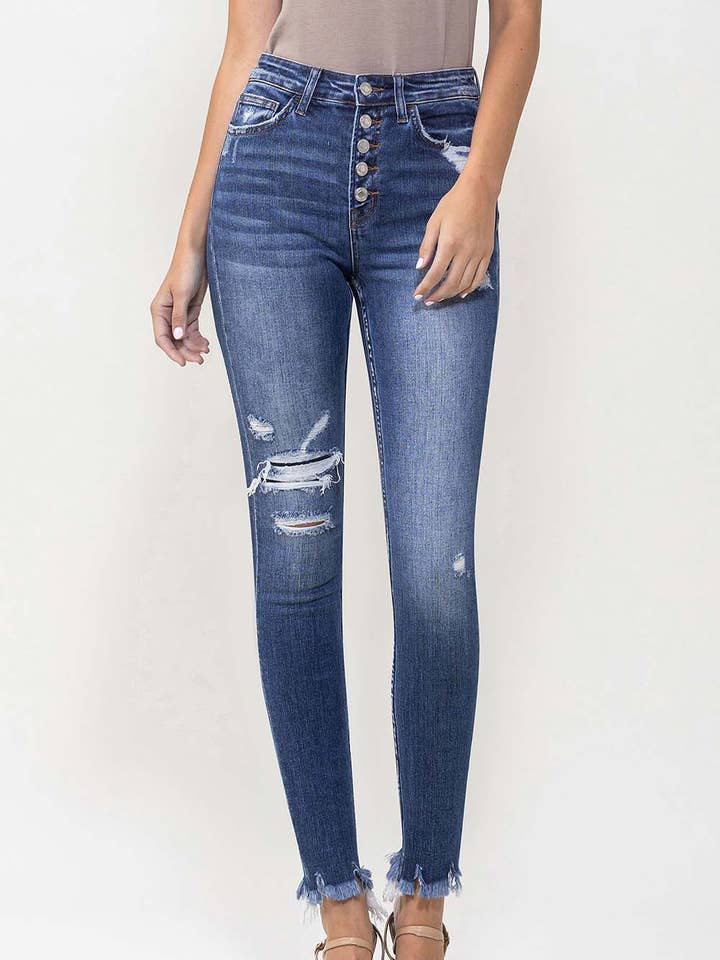 HIGH RISE PATCHED BUTTON UP ANKLE SKINNY JEANS T5023 for wholesale by VERVET by FLYING MONKEY