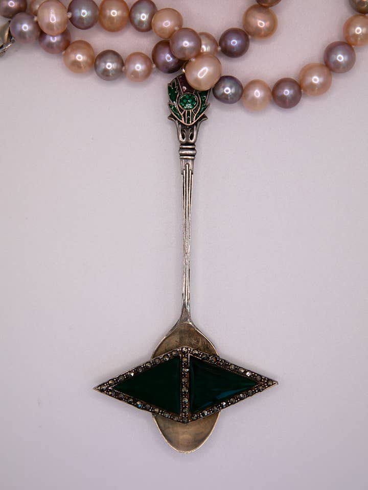 Sterling spoon with floral brooch and lavender pearls. Necklace for wholesale by DecoFiniti LLC