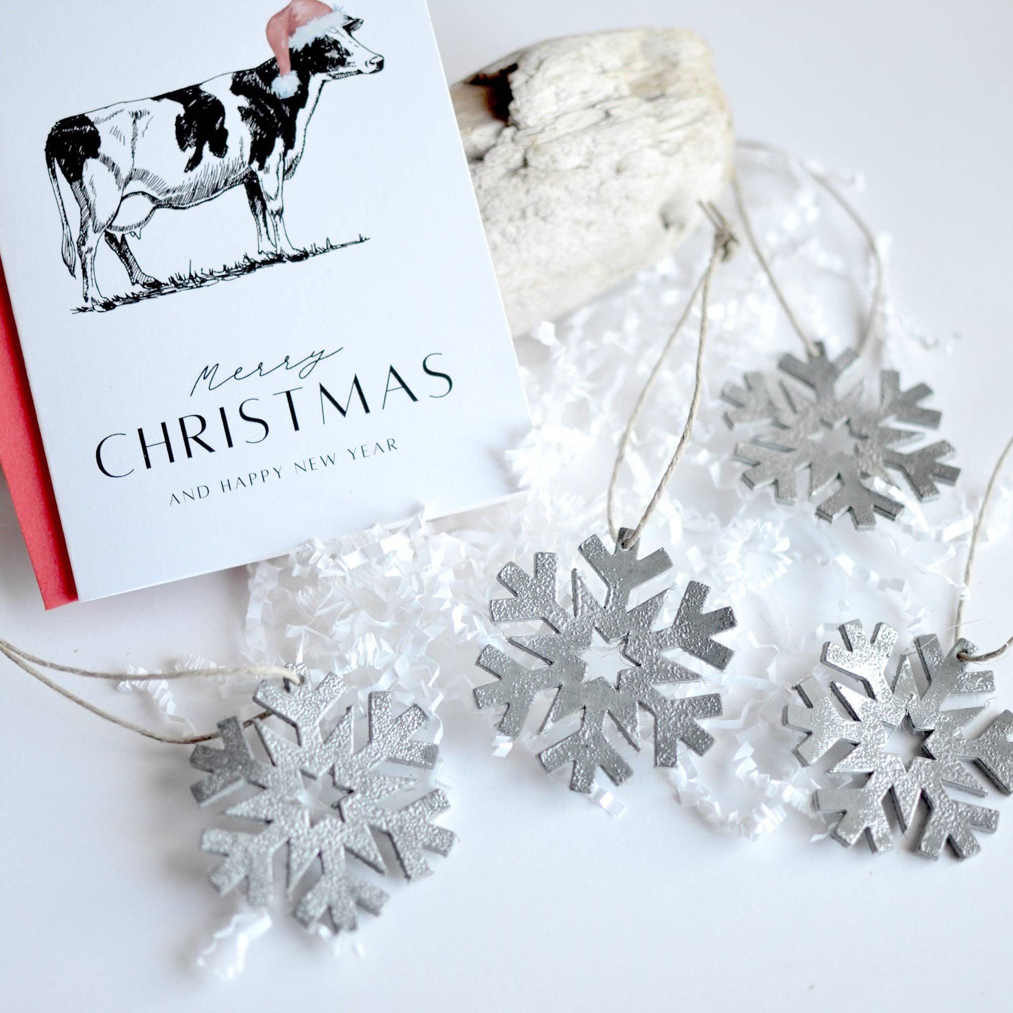 Moss Bags - Wholesale Ornament Set - Leather Snowflake Ornament Box Set: 4 Leather Snowflake Ornaments + 1 Christmas Card7