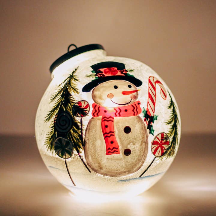 A Cheerful Giver - Wholesale Christmas Decoration - Candy Cane Snowman Ornament w/LED String Lights — Christmas, Holiday Ornaments1