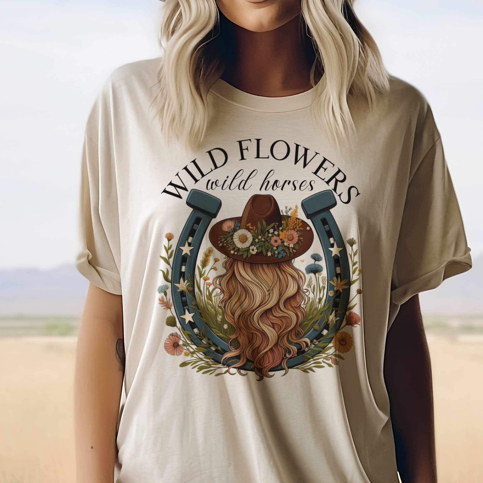 Par.tees by Party On! – wholesale Screen printed t-shirt – Women′s – Wild Flowers and Wild Horses Cowgirl Country Graphic Tee1