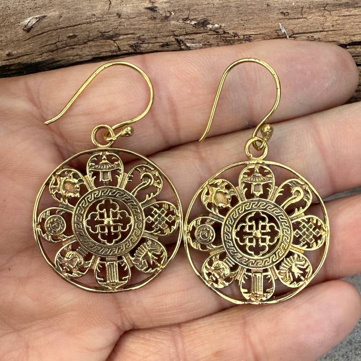 Tibetan 8 Lucky Symbols Earring Meditation Yoga Jewelry for wholesale by Lungta Imports