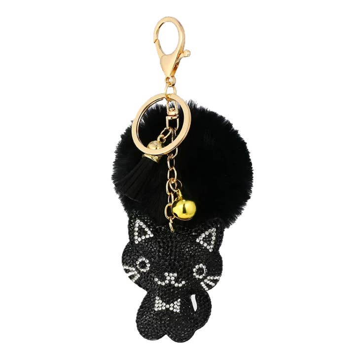 BLACK KITTY RHINESTONE KEY CHAIN W/POM POM for wholesale by Maida Designs